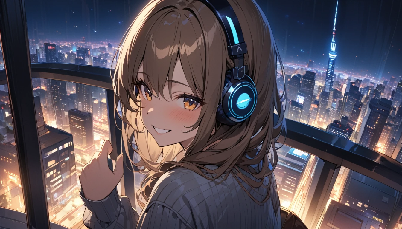 Brown-haired girl wearing headphones、City night view - highly detailed、masterpiece, Highest quality, Bright - City night view in the background、A happy look、Casual clothing、Looking at the night view from the rooftop of a building
