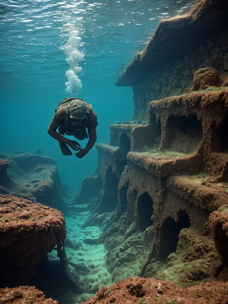 Sunken deep underwater retro old fashioned rusty Statues of ancient praying old man, made in 1960s is on the bottom of the ocean. Water leaking out of the cracks and open holes..., hyperrealistic, 1960s, closed up, underwater. Underwater life, rust on it