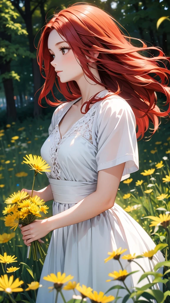 a beautiful redhead woman holding a dandelion in her hand, 1girl, solo, flower, holding flower