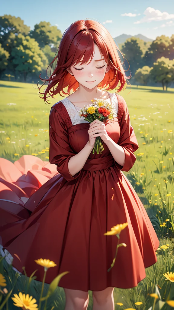 a young redhead woman is smelling dandelions outdoors





 a woman is wearing red dress and holding white flowers, solo, 1girl, flower, freckles, closed eyes, holding flower,Cheerful girl