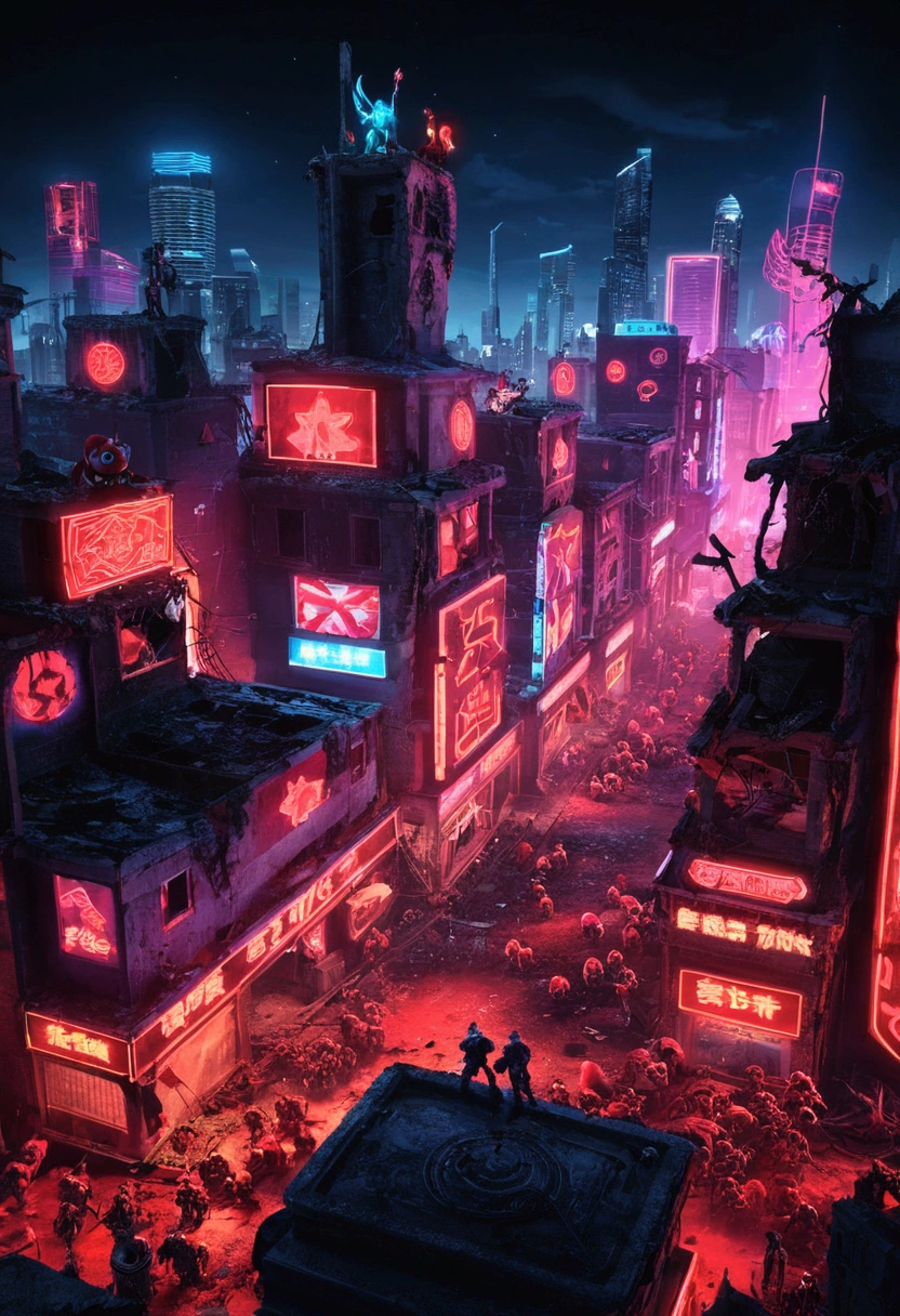 Ruined City　night　Neon Town　An army of mascots　Only the one in the middle is red