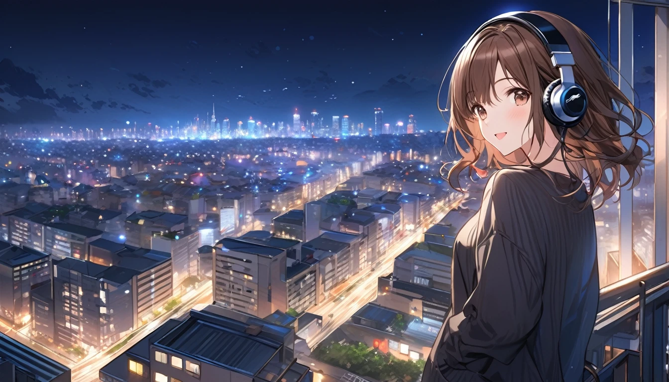 Brown-haired girl wearing headphones、City night view - highly detailed、masterpiece, Highest quality, Bright - City night view in the background、A happy look、Casual clothing、Looking at the night view from the rooftop of a building
