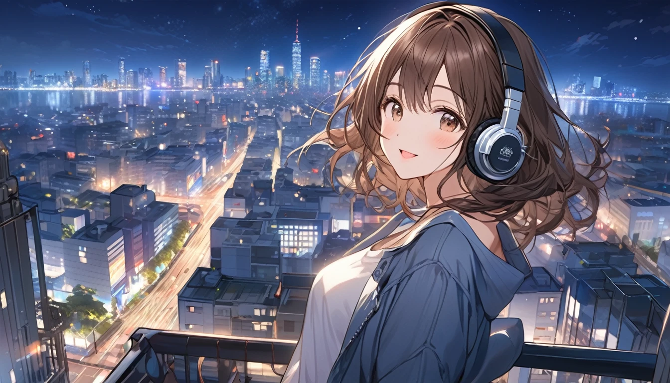 Brown-haired girl wearing headphones、City night view - highly detailed、masterpiece, Highest quality, Bright - City night view in the background、A happy look、Casual clothing、Looking at the night view from the rooftop of a building