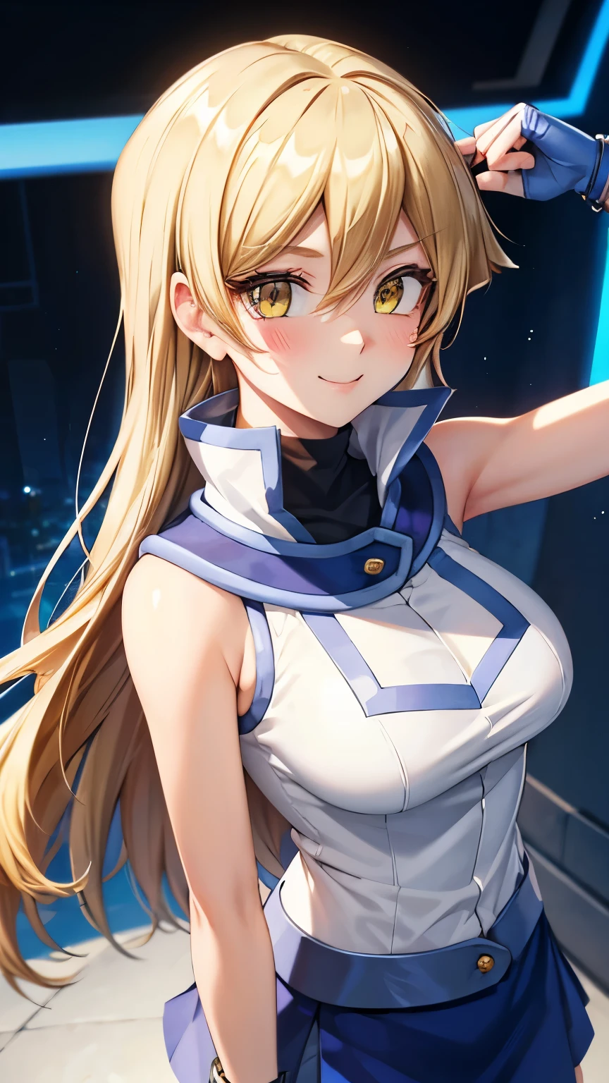 masterpiece, best quality, highres, heart hair ornament, ta1,blonde hair,long hair,yellow eyes, white jacket, sleeveless, blue skirt,tight skirt , miniskirt,fingerless gloves,smile,big tits  ,looking at viewer,top view,(standing), bracelet, Cyber city,blue neon lights,((perfect face)),perfect body, perfect , high definition,blush,((upper body))