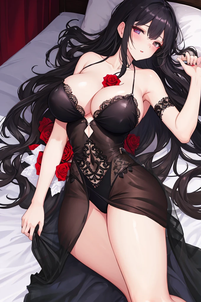 A woman with big ,Beauty,Black long hair,(Very transparent nightgown),Lace,weak,Sexy,Color,(Lying in bed),(nsfw:0.8),lactation,😍,Rose tattoo,