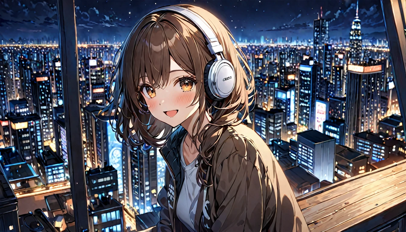 Brown-haired girl wearing headphones、City night view - highly detailed、masterpiece, Highest quality, Bright - City night view in the background、A happy look、Casual clothing、Looking at the night view from the rooftop of a building