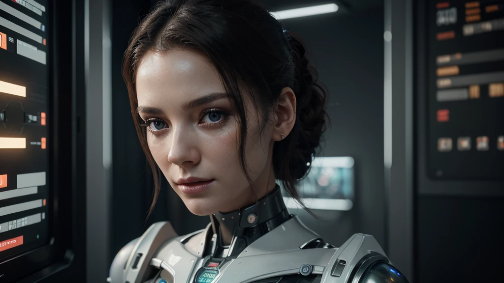 A exquisitely detailed 3D render image of a porcelain-profiled woman android. This cyborg masterpiece stands at 150mm tall, adorned with robotic features, intricate electric wires, and microchips. Bathed in luxurious studio lighting, it boasts hyperrealistic facial muscles and elegant lace accents. The vibrant background, inspired by H. R. Giger's cyberpunk style, adds an alluring touch. Rendered in Octane with 8K resolution, this artwork showcases a perfect blend of beauty and technology