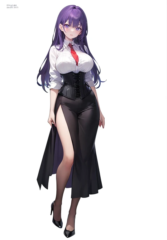 ((Perfect Face)),Purple Hair,Long Hair,Adult female,bartender,((corset)),((Shirt with rolled up sleeves)),tie,((slit)),High heels,,((Simple white background)),smile,((whole body)),((whole body)),Portraits,upright,,Both arms are down,upright,