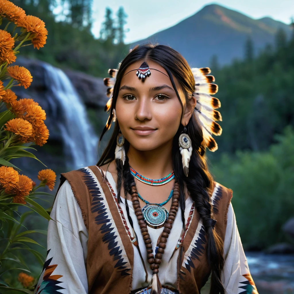 (grainy:0.5), cinematic, beautiful girl 25 year old,native american,fantasy,(solo:1.3), detailed brown eyes, detailed face, detailed native American sexy clothing , volumetric lighting, dusk, extremely detailed background, standing next to forest, mountains, flowers, water fall, smiling, half closed eyes, tilted head, from side, sitting next to her tiger