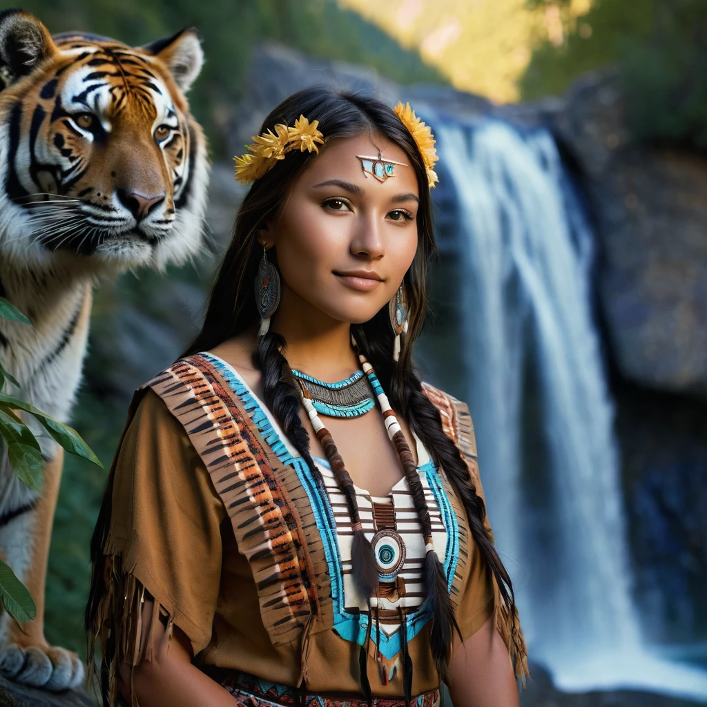 (grainy:0.5), cinematic, beautiful girl 25 year old,native american,fantasy,(solo:1.3), detailed brown eyes, detailed face, detailed native American sexy clothing , volumetric lighting, dusk, extremely detailed background, standing next to forest, mountains, flowers, water fall, smiling, half closed eyes, tilted head, from side, sitting next to her tiger