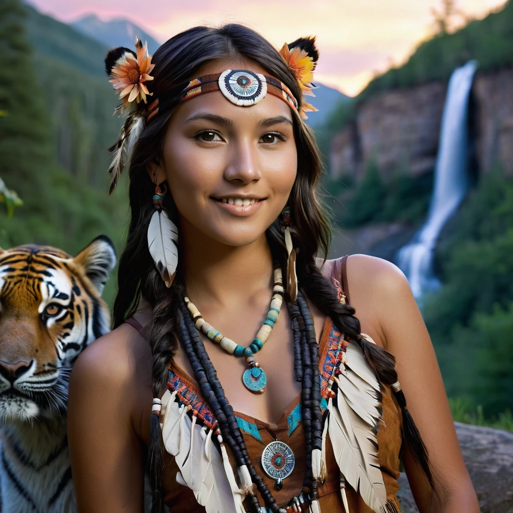 (grainy:0.5), cinematic, beautiful girl 25 year old,native american,fantasy,(solo:1.3), detailed brown eyes, detailed face, detailed native American sexy clothing , volumetric lighting, dusk, extremely detailed background, standing next to forest, mountains, flowers, water fall, smiling, half closed eyes, tilted head, from side, sitting next to her tiger