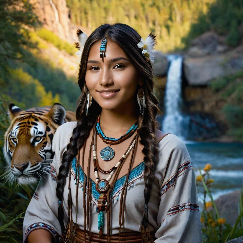 (grainy:0.5), cinematic, beautiful girl 25 year old,native american,fantasy,(solo:1.3), detailed brown eyes, detailed face, detailed native American sexy clothing , volumetric lighting, dusk, extremely detailed background, standing next to forest, mountains, flowers, water fall, smiling, half closed eyes, tilted head, from side, sitting next to her tiger