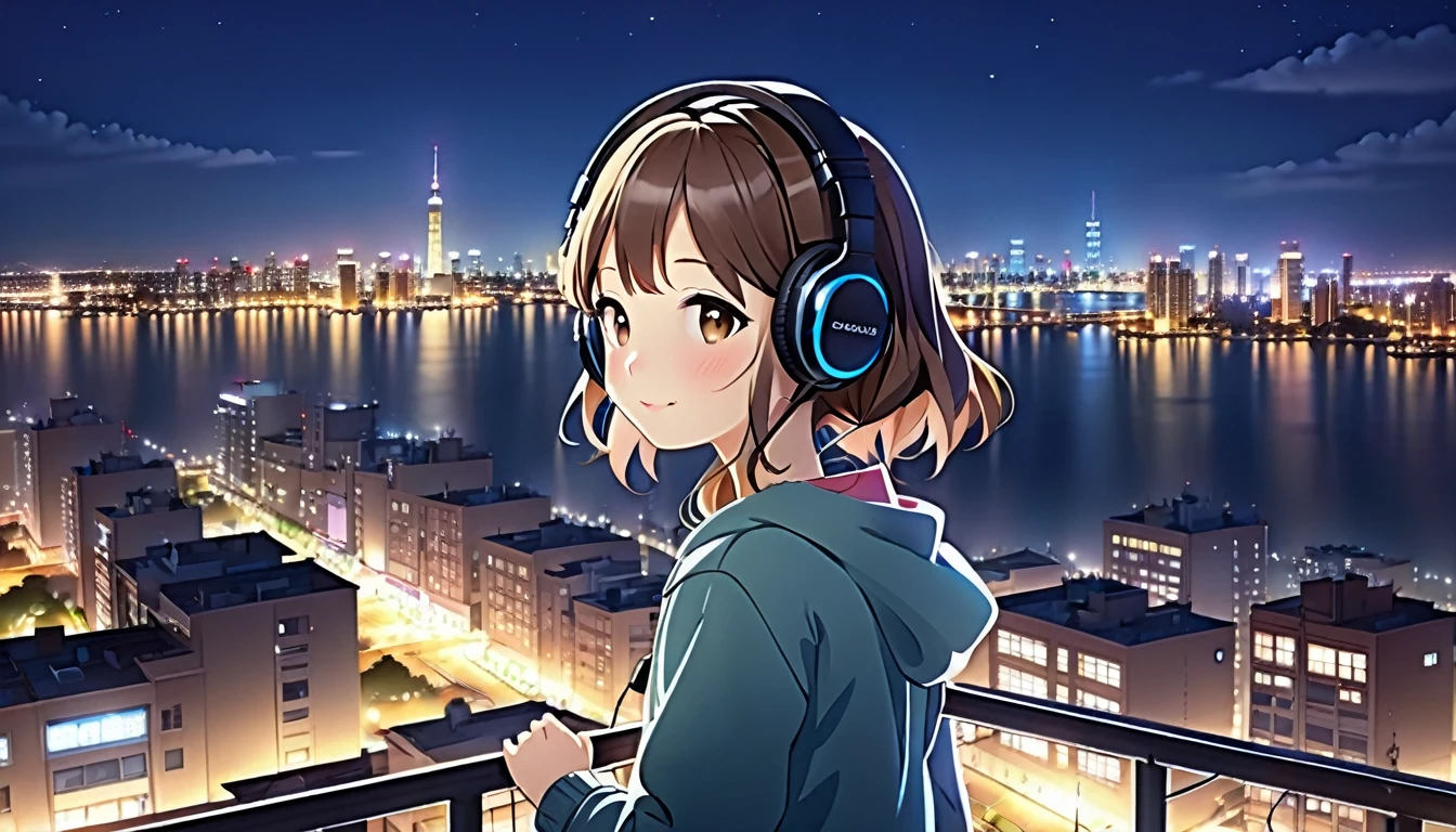 Brown-haired girl wearing headphones、City night view - highly detailed、masterpiece, Highest quality, Bright - City night view in the background、A happy look、Casual clothing、Looking at the night view from the rooftop of a building
