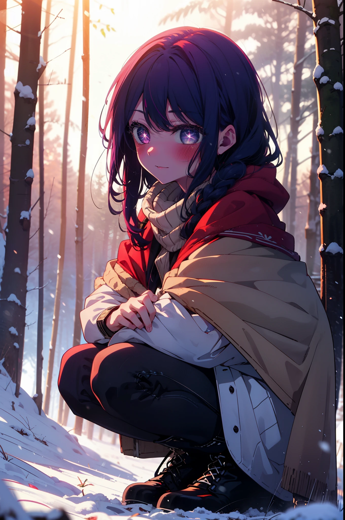 aihoshino, Ai Hoshino, Long Hair, bangs, (Purple eyes:1.1), Purple Hair, (Symbol-shaped pupil:1.5), smile,,smile,blush,white breath,
Open your mouth,snow,Ground bonfire, Outdoor, boots, snowing, From the side, wood, suitcase, Cape, Blurred, , forest, White handbag, nature, Squat, Mouth closed, Cape, winter, Written boundary depth, Black shoes, red Cape break looking at viewer, Upper Body, whole body, break Outdoor, forest, nature, break (masterpiece:1.2), Highest quality, High resolution, unity 8k wallpaper, (shape:0.8), (Beautiful and beautiful eyes:1.6), Highly detailed face, Perfect lighting, Highly detailed CG, (Perfect hands, Perfect Anatomy),