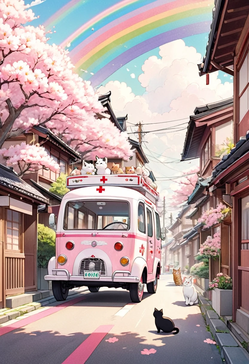 Create a Studio Ghibli-inspired illustration of a pastel pink ambulance driving through a cherry blossom-lined street in a retro Japanese town. The ambulance has white clouds and rainbows painted on the side. A cute cat wearing a white nurse's cap is driving, smiling softly at a small animal patient wrapped in a bandage. The background is a nostalgic Japanese town with old wooden houses and traditional storefronts. Use soft, pastel colors and a shallow depth of field.