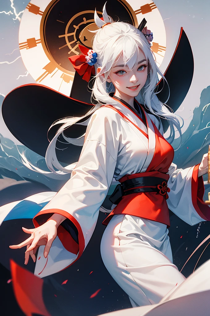 A beautiful woman in a white kimono, smiling fearlessly, as a Japanese onmyoji holds a talisman and manipulates lightning