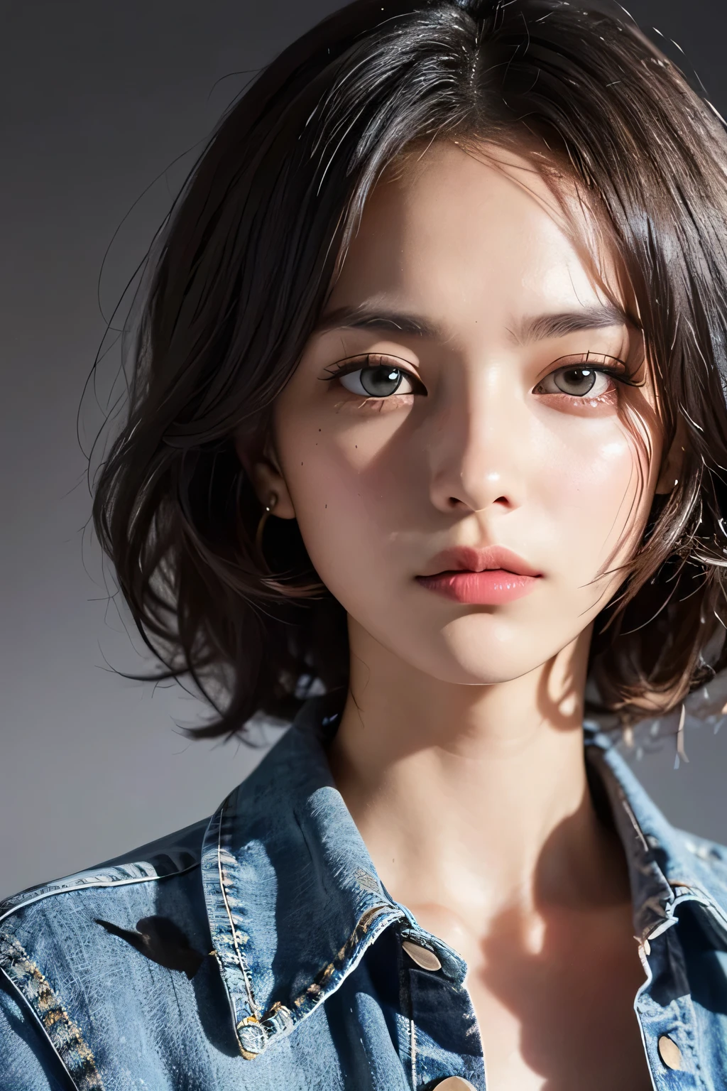 ((masterpiece , Highest quality ,Face Focus)), 27 year old single woman , No tie collar shirt , Denim jeans , thin , Flat Chest , (Black medium hair , (Messy Hair:1.37) , Red eyes , Dark circles under the eyes:1.3) , (Jig eyes , Expressionless:1.7) , (smile: 0.1)