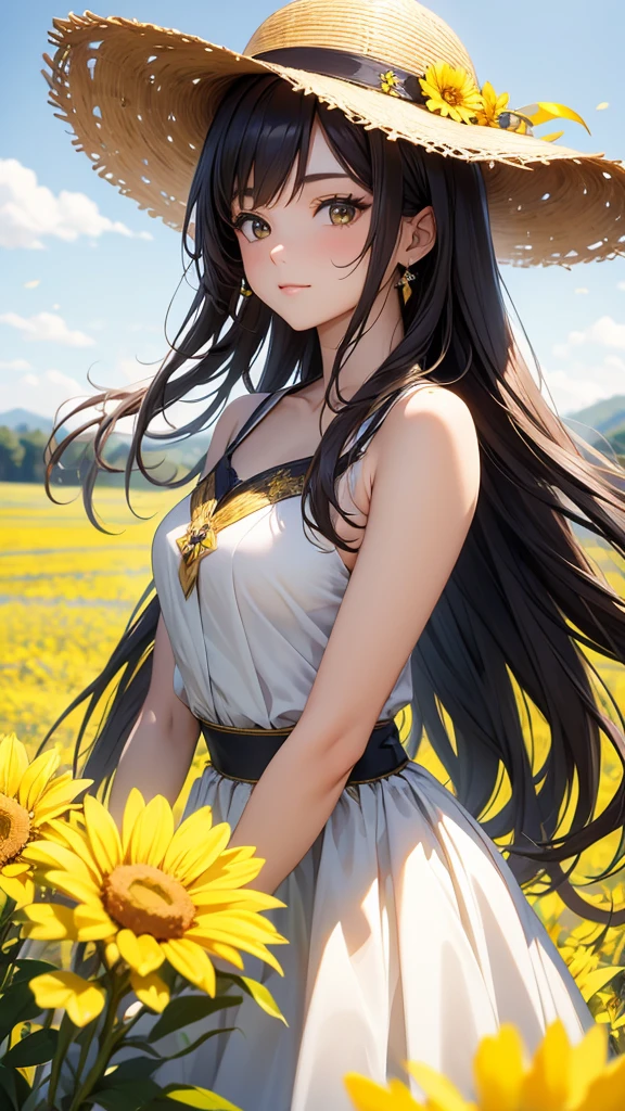 a beauty poses in a hay field with yellow flowers in front of her, 1girl, solo, hat, jewelry, long hair, flower