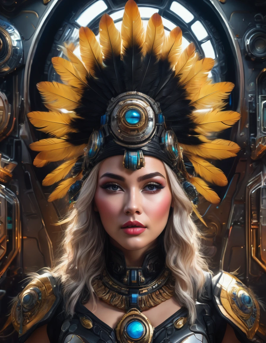oil painting style, spaceship interior, beautiful busty woman, black feather headdress, detailed face, detailed eyes, detailed lips, extremely detailed, intricate details, cinematic lighting, dramatic shadows, vivid colors, photorealistic, 8k, high quality, masterpiece, digital art