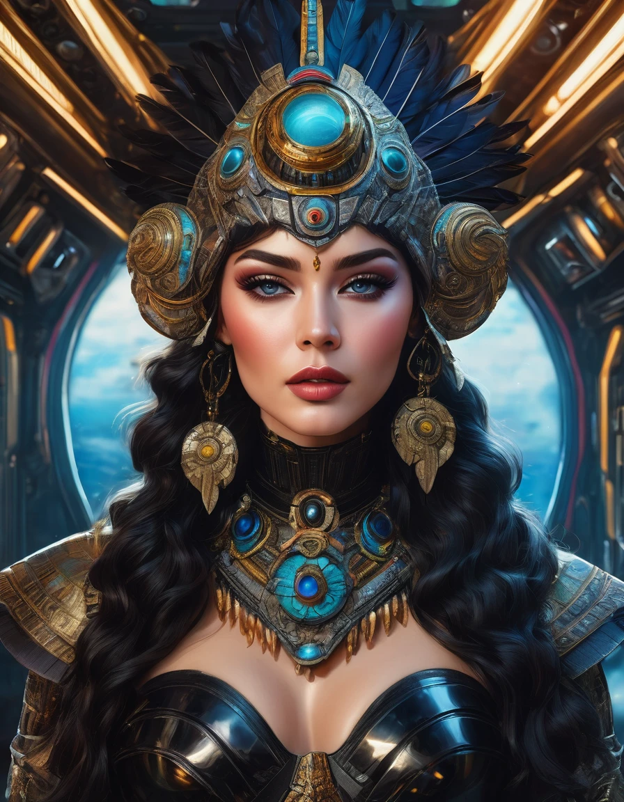 oil painting style, spaceship interior, beautiful busty woman, black feather headdress, detailed face, detailed eyes, detailed lips, extremely detailed, intricate details, cinematic lighting, dramatic shadows, vivid colors, photorealistic, 8k, high quality, masterpiece, digital art