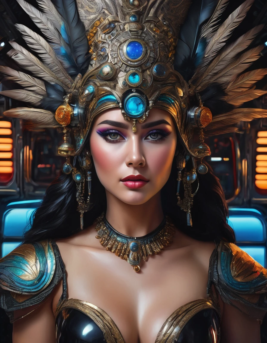 oil painting style, spaceship interior, beautiful busty woman, black feather headdress, detailed face, detailed eyes, detailed lips, extremely detailed, intricate details, cinematic lighting, dramatic shadows, vivid colors, photorealistic, 8k, high quality, masterpiece, digital art