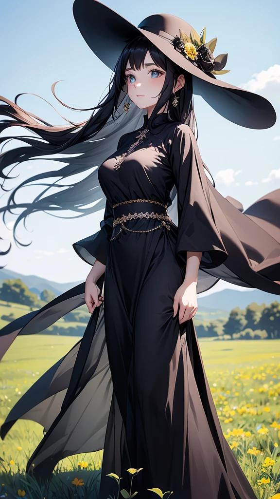 beautiful woman in black hat and long dress in a sunny field, 1girl, solo, hat, jewelry, long hair, flower