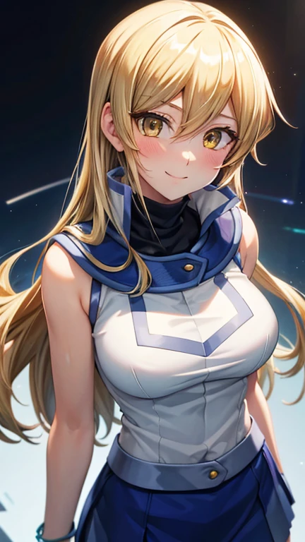 masterpiece, best quality, highres, heart hair ornament, ta1,blonde hair,long hair,yellow eyes, white jacket, sleeveless, blue skirt,tight skirt , miniskirt,fingerless gloves,smile,big tits ,looking at viewer,top view,(standing), bracelet, Cyber city,blue neon lights,((perfect face)),perfect body, perfect , high definition,blush,((upper body))