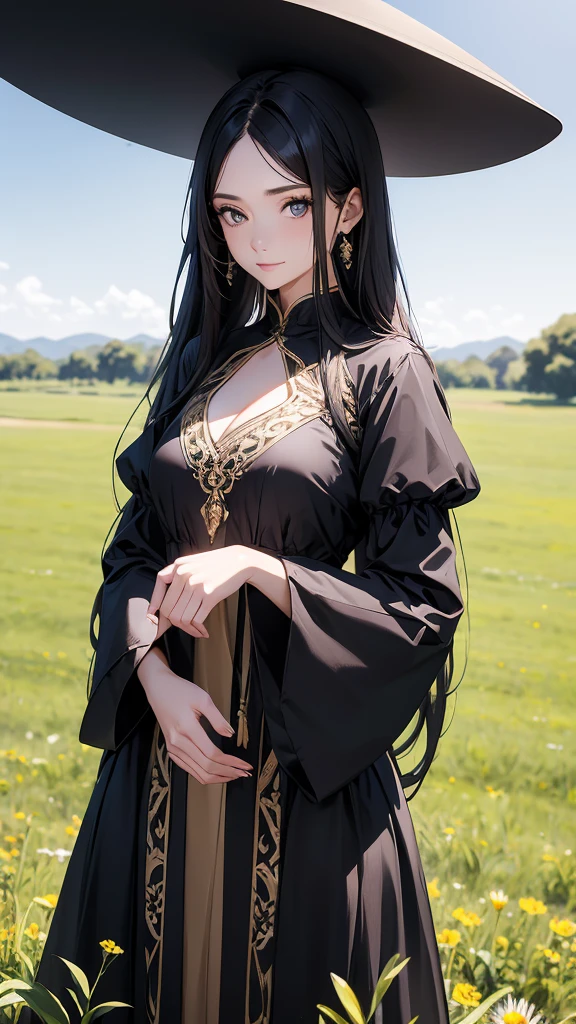 beautiful woman in black hat and long dress in a sunny field, 1girl, solo, hat, jewelry, long hair, flower