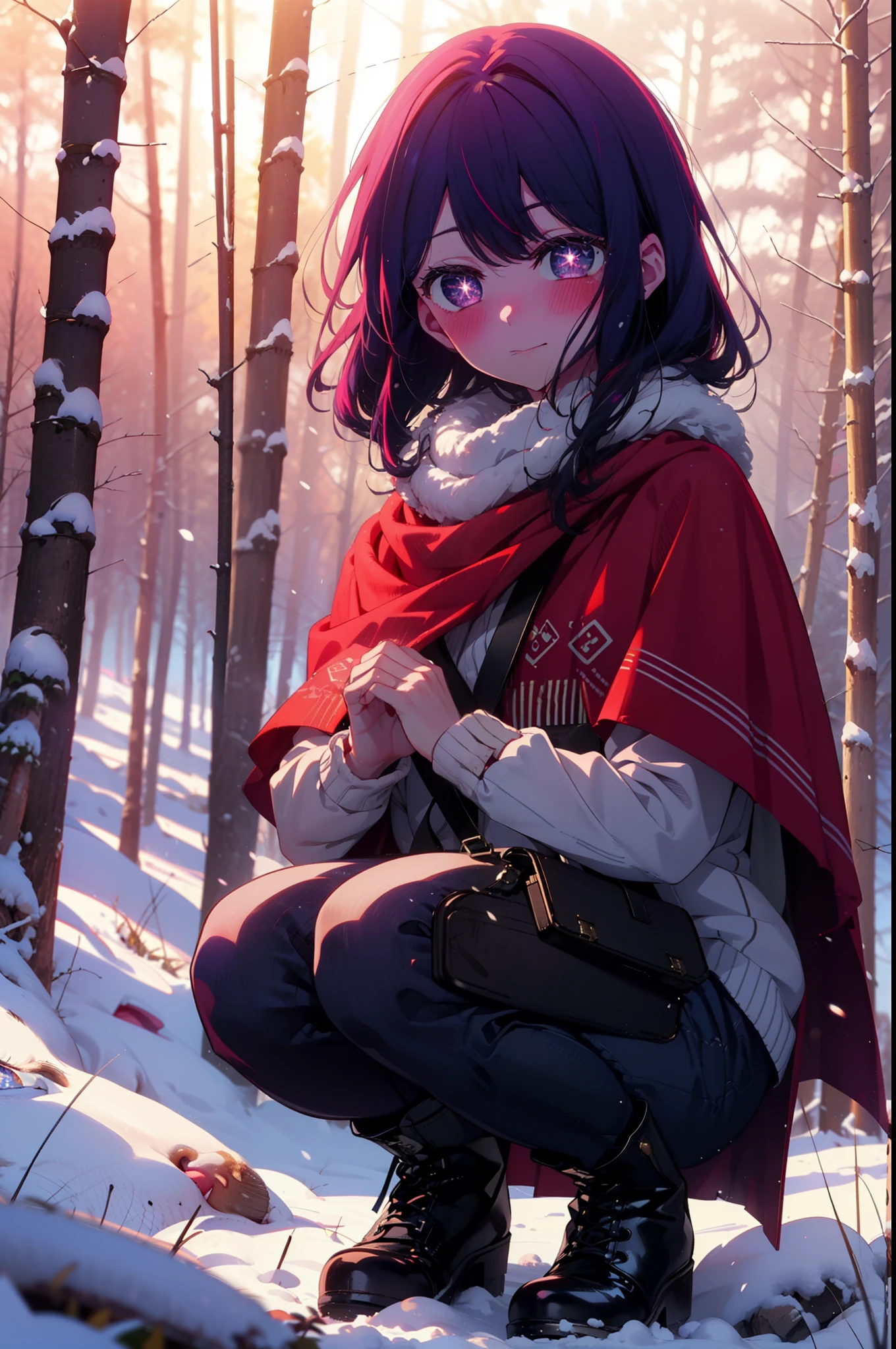 aihoshino, Ai Hoshino, Long Hair, bangs, (Purple eyes:1.1), Purple Hair, (Symbol-shaped pupil:1.5), smile,,smile,blush,white breath,
Open your mouth,snow,Ground bonfire, Outdoor, boots, snowing, From the side, wood, suitcase, Cape, Blurred, , forest, White handbag, nature, Squat, Mouth closed, Cape, winter, Written boundary depth, Black shoes, red Cape break looking at viewer, Upper Body, whole body, break Outdoor, forest, nature, break (masterpiece:1.2), Highest quality, High resolution, unity 8k wallpaper, (shape:0.8), (Beautiful and beautiful eyes:1.6), Highly detailed face, Perfect lighting, Highly detailed CG, (Perfect hands, Perfect Anatomy),