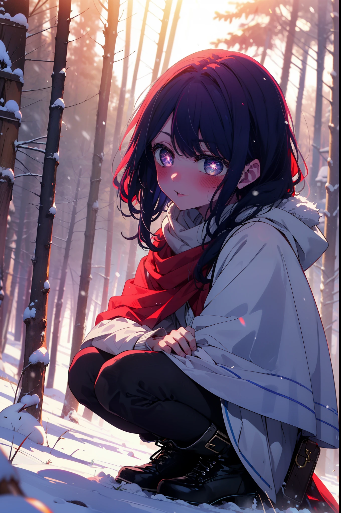 aihoshino, Ai Hoshino, Long Hair, bangs, (Purple eyes:1.1), Purple Hair, (Symbol-shaped pupil:1.5), smile,,smile,blush,white breath,
Open your mouth,snow,Ground bonfire, Outdoor, boots, snowing, From the side, wood, suitcase, Cape, Blurred, , forest, White handbag, nature, Squat, Mouth closed, Cape, winter, Written boundary depth, Black shoes, red Cape break looking at viewer, Upper Body, whole body, break Outdoor, forest, nature, break (masterpiece:1.2), Highest quality, High resolution, unity 8k wallpaper, (shape:0.8), (Beautiful and beautiful eyes:1.6), Highly detailed face, Perfect lighting, Highly detailed CG, (Perfect hands, Perfect Anatomy),