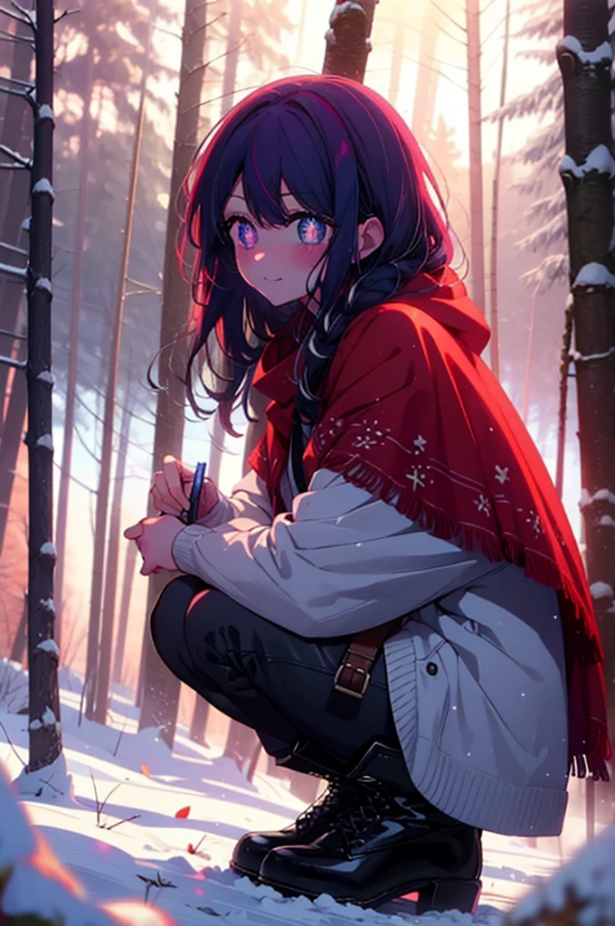 aihoshino, Ai Hoshino, Long Hair, bangs, (Purple eyes:1.1), Purple Hair, (Symbol-shaped pupil:1.5), smile,,smile,blush,white breath,
Open your mouth,snow,Ground bonfire, Outdoor, boots, snowing, From the side, wood, suitcase, Cape, Blurred, , forest, White handbag, nature,  Squat, Mouth closed, Cape, winter, Written boundary depth, Black shoes, red Cape break looking at viewer, Upper Body, whole body, break Outdoor, forest, nature, break (masterpiece:1.2), Highest quality, High resolution, unity 8k wallpaper, (shape:0.8), (Beautiful and beautiful eyes:1.6), Highly detailed face, Perfect lighting, Highly detailed CG, (Perfect hands, Perfect Anatomy),