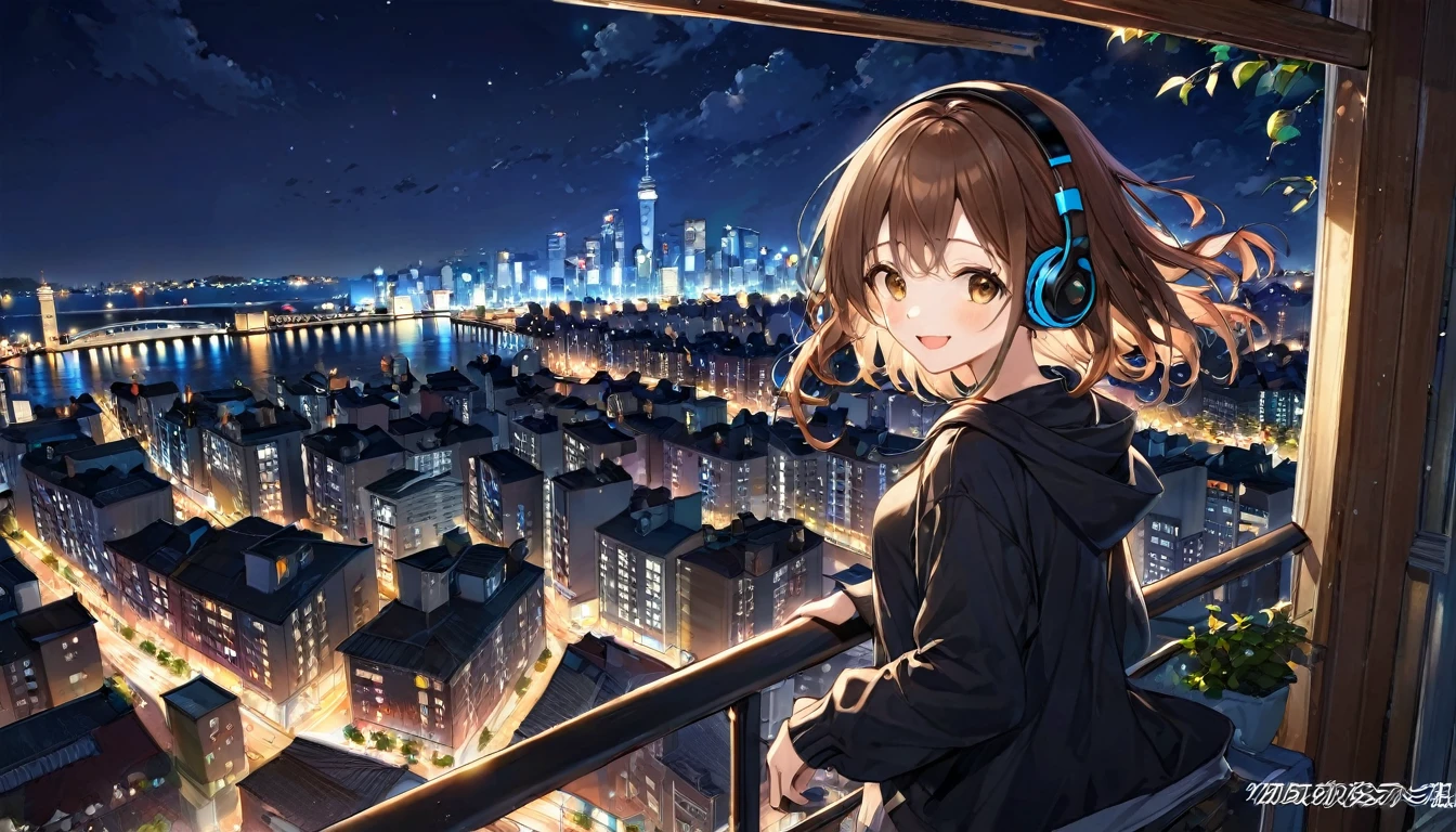 Brown-haired girl wearing headphones、City night view - highly detailed、masterpiece, Highest quality, Bright - City night view in the background、A happy look、Casual clothing、Looking at the night view from the rooftop of a building
