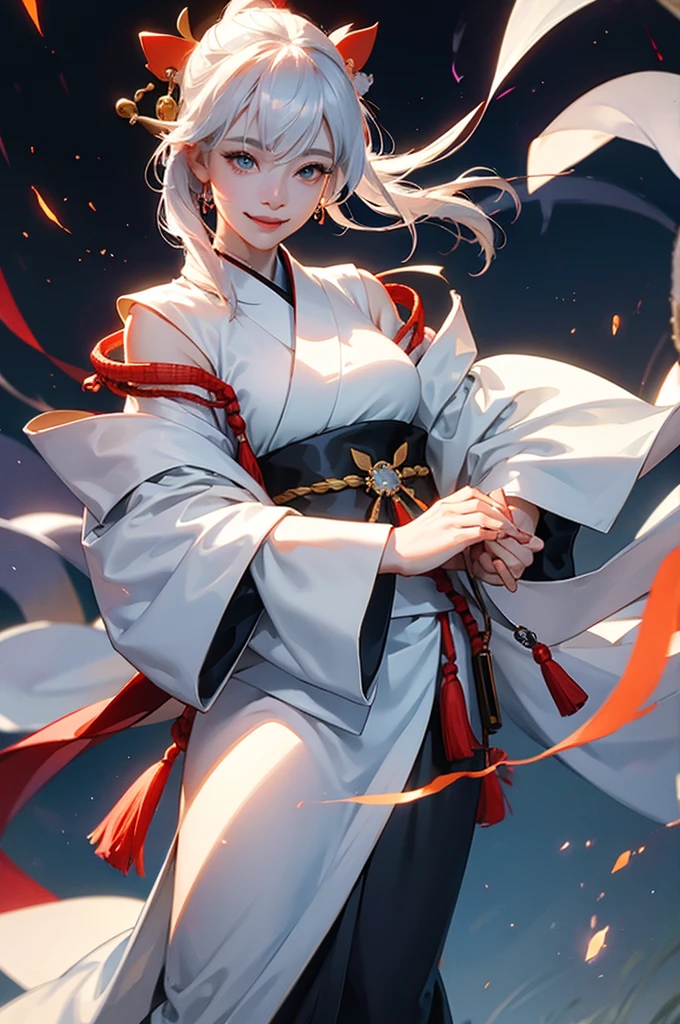 A beautiful woman in a white kimono, smiling fearlessly, as a Japanese onmyoji holds a talisman and manipulates lightning