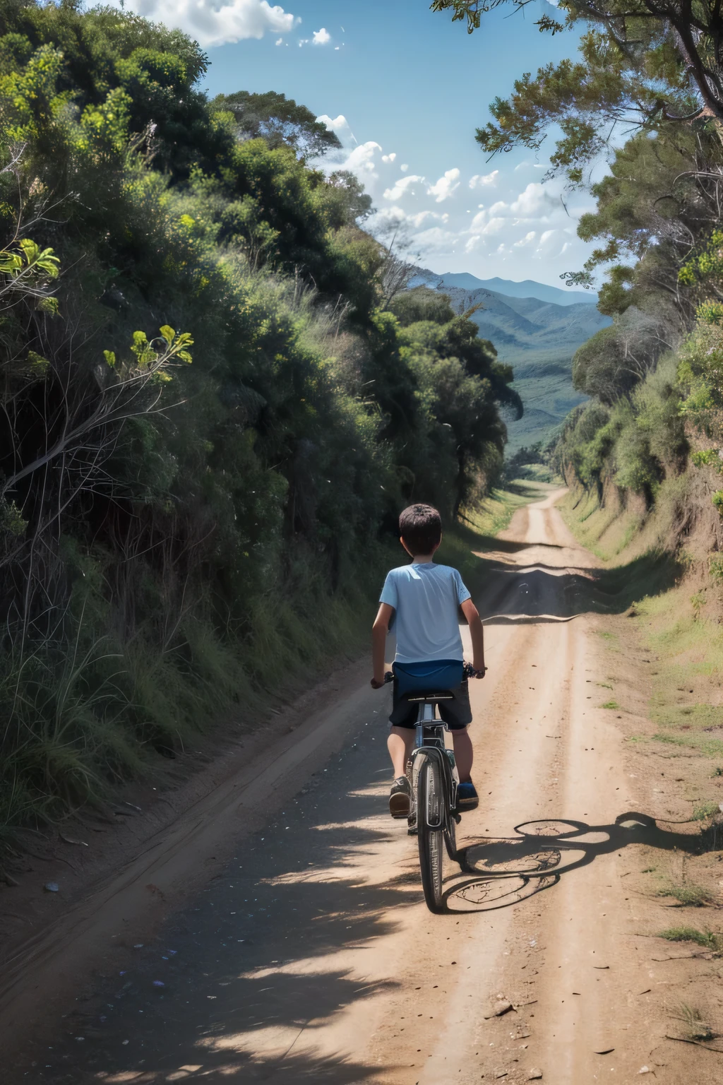 A -yeld boith short brown hair rides an old, vintage bicycle along a solitary, uneven dirt road. He is dressed in simple attire: a pair of worn shorts and a plain t-shirt, typical of a rural setting. His expression is one of focus and determination as he navigates the bumpy path, his legs pedaling steadily despite the challenging terrain.

The background is filled with the distinctive flora of the Brazilian cerrado. Tall, twisted trees with rugged bark and sparse foliage line both sides of the road, their branches reaching out like gnarled fingers. The underbrush is a mix of grasses and shrubs, creating a dense, wild environment that speaks to the untamed beauty of the region.

The sky overhead is a brilliant blue, with a few wispy clouds scattered across it, casting dappled shadows on the ground below. The sunlight filters through the trees, creating a patchwork of light and shadow on the dirt road. In the distance, the landscape stretches out into a seemingly endless expanse of cerrado, the vastness emphasizing the boy's solitude on this rustic journey.

The entire scene captures a moment of quiet adventure and the raw, natural beauty of the Brazilian countryside. The boy’s determined ride on his old bicycle through the rugged terrain reflects the resilience and simplicity of rural life, set against the backdrop of the vast and untamed cerrado.