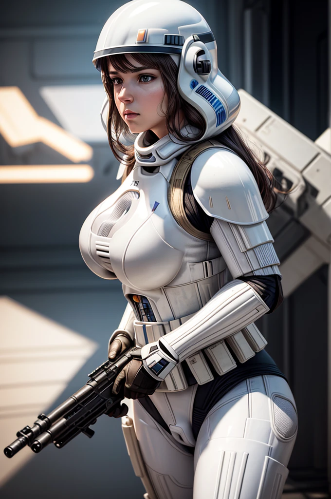 perfect hands, perfect finger,perfect anatomy, masterpiece, best quality,realistic, hyperrealistic, 16k hdr,1 mature female,,female StormTrooper in Star wars,armor,white full face helmet,damaged white armor,(large breasts:1.2),fighting pose,(holding gun:1.2)