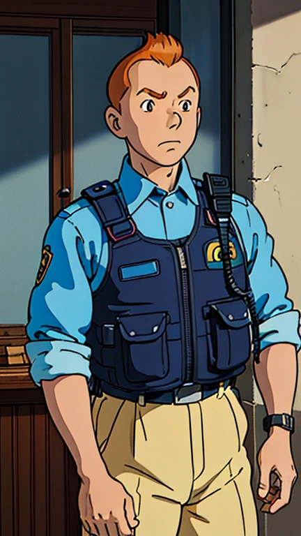 (s:1man: Tintin), (extremely detailed CG unit 8k wallpaper),(master part), (best quality), (ultra detali), (best illustration),(jp-police), cowboy shot, (Sharp eyeliner, ombre, detailed eyes:1),Dark Police station interiors background, ,break , upper body, short hair, orange hair,ghibli style