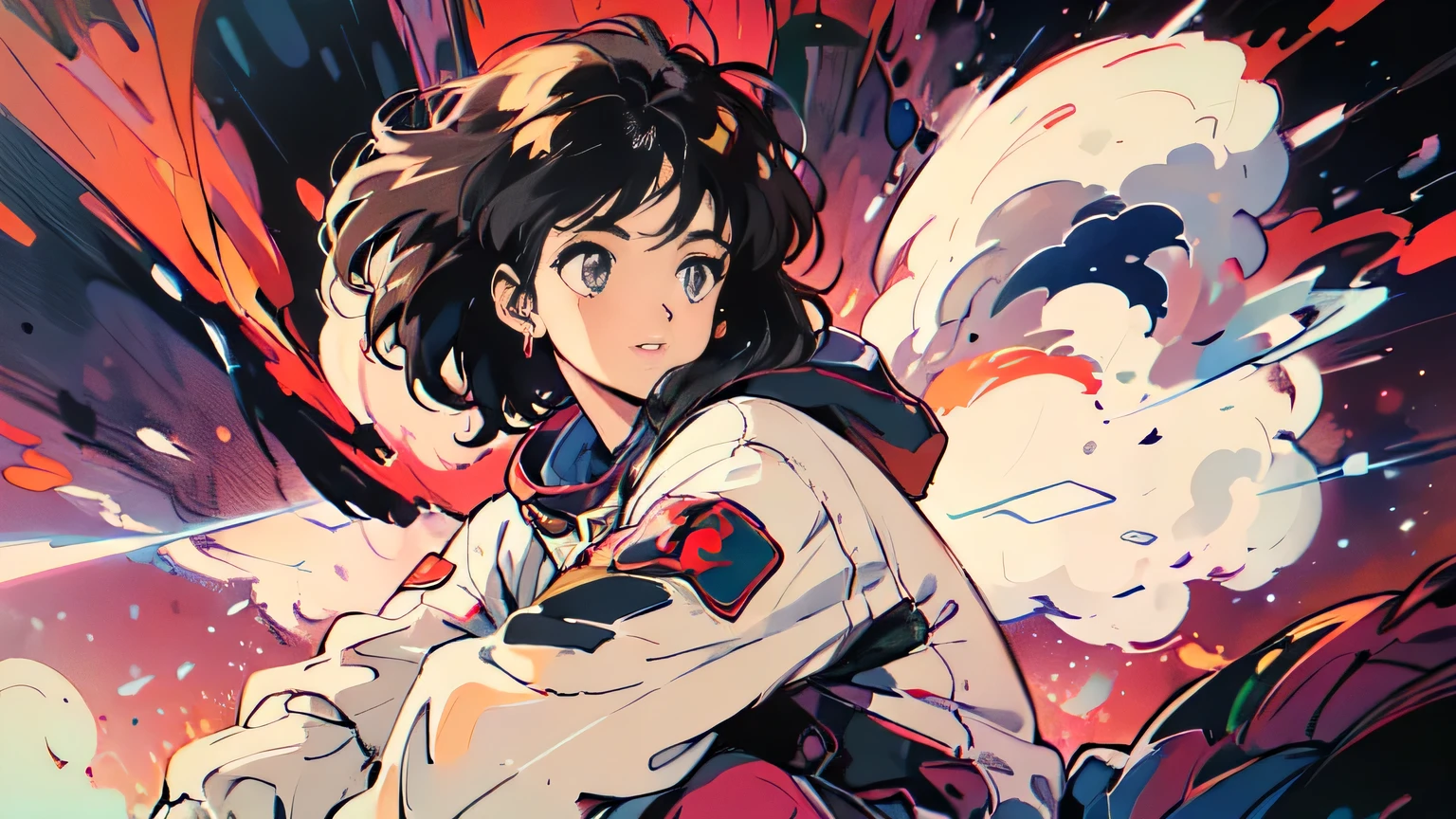 (80's, Retro, Poster:1.5), (masterpiece, 最high quality), (anime, figure), (pastel colour:1.4), Best Photo Poses, Dynamic Angle, high quality, High resolution, Attention to detail, Haruka is short, Shiny Hair, Sharp brown eyes behind glasses, calm attitude. She is often seen looking immaculate in her .。, Humble, above knees picture 80’s anime vintage style, White Background Evangelion style A girl with dark hair is in a spacesuit, floating in space. Her face is visible through the helmet, illuminated by the stars and celestial bodies around her. Below her, the Earth is covered in a blanket of clouds, and the vast, star-filled cosmos stretches out infinitely.