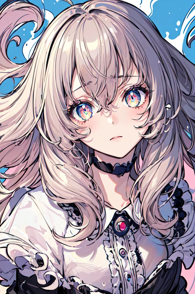 (masterpiece), (best quality), (Extremely detailed),(Messy hair),(illustration), (1 girl), (Fashion), eternal,fashion model,Looking at the audience, (interview), (Simple background),Beautiful and delicate eyes,Delicate and beautiful face,floating,(high saturation),(Colorful splash),Color bubbles,(shining),focus on face,