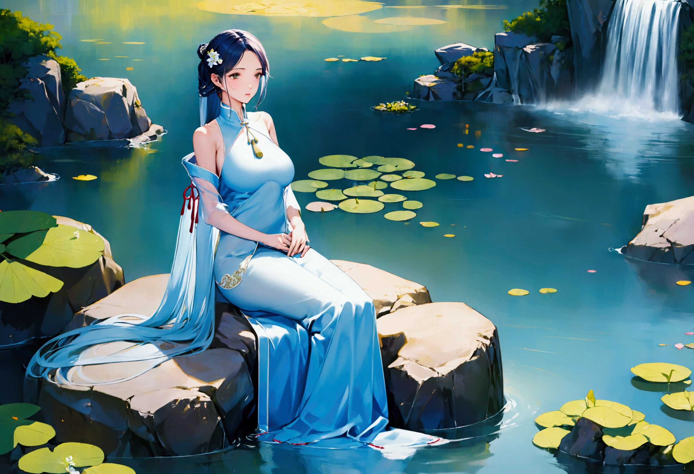 There is a blue dress, 16 long legs, a clock work robot (obvious gears and mechanical seams) woman sitting on a rock in the water, standing elegantly on a lotus flower, mechanical beauty, wearing a blue cheongsam, court, a girl in Hanfu, wearing a blue cheongsam, full of fairy Xia, in the pond, white Hanfu, a stunning young ethereal figure, flowing dress, light blue, hair behind ear  