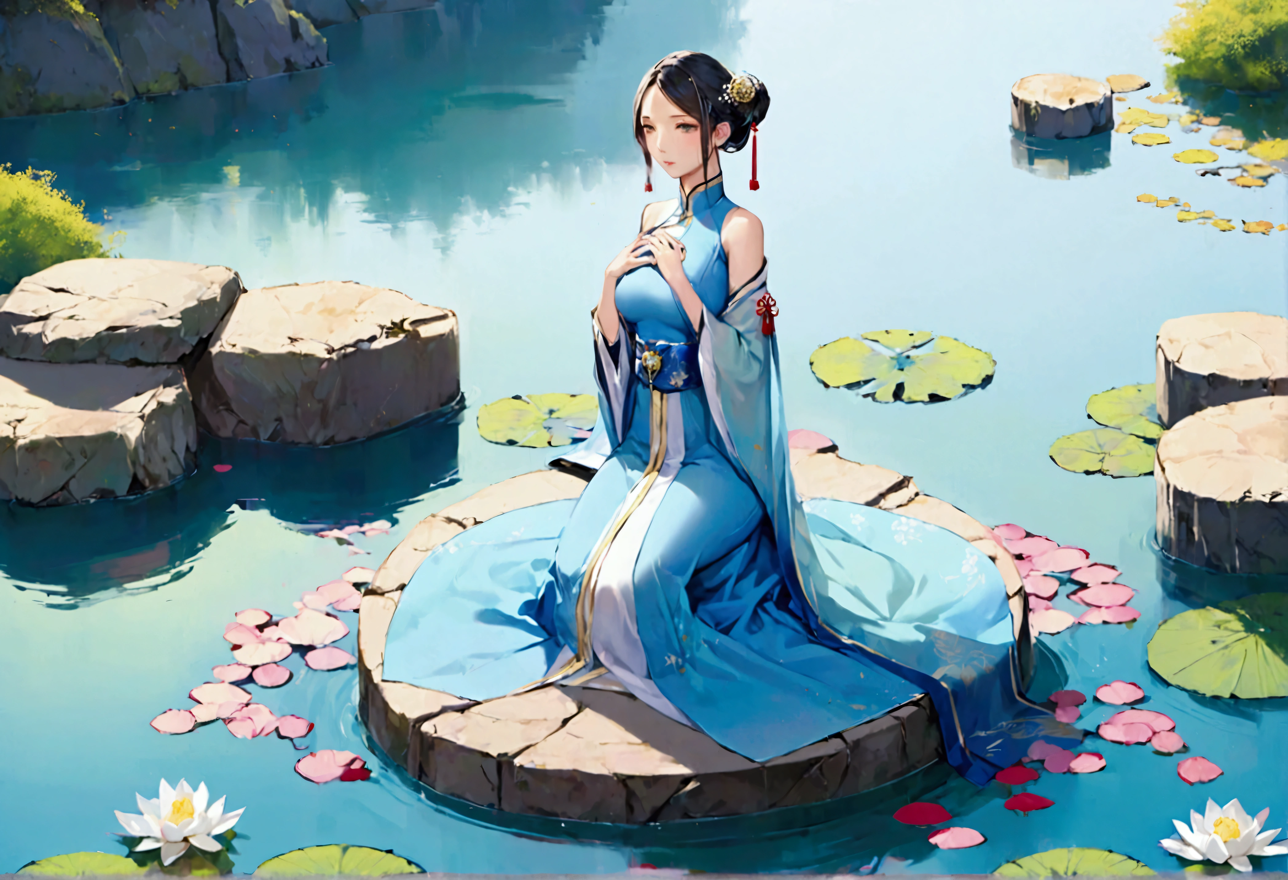There is a blue dress, 16 long legs, a clock work robot (obvious gears and mechanical seams) woman sitting on a rock in the water, standing elegantly on a lotus flower, mechanical beauty, wearing a blue cheongsam, court, a girl in Hanfu, wearing a blue cheongsam, full of fairy Xia, in the pond, white Hanfu, a stunning young ethereal figure, flowing dress, light blue, hair behind ear