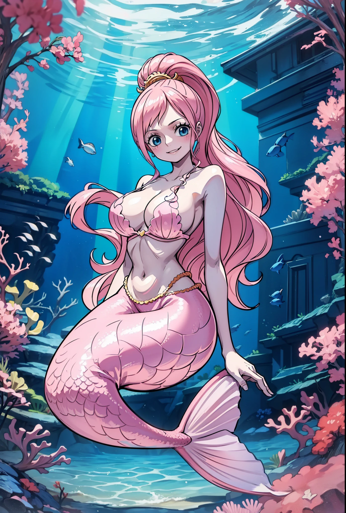 highres,ultra-detailed, 8k, Highly Detailed, Masterpiece, Hyperdetail, Illustration, full_body, HDR, Depth of Field, Maximum Sharpness and Clarity, Multi-layer Textures, finger detailing, refined facial features, focus on the face, Dynamic Angle, Cinematic Light, lens_flare, beautiful Eyes, 1 girl, solo, mermaid, ((full pink tail)), full pink fin, big fish tail shirahoshi one piece, in the sea, ((pink long hair, ponytail)), bikini, sexy body, wide hips, The fin drawing is better, big breasts, perfect slim body, Cute face, kawaii, happy, smile, Hefty Smile, She is surrounded by colorful coral reefs and various fish in an underwater scene. The background is a gradient of blue hues, giving a sense of depth and light filtering through the water. The overall style is whimsical and fantastical, with detailed and vivid colors that bring the underwater world to life, corals and fish, view from the top, top view, long mermaid tail, double mermaid fin