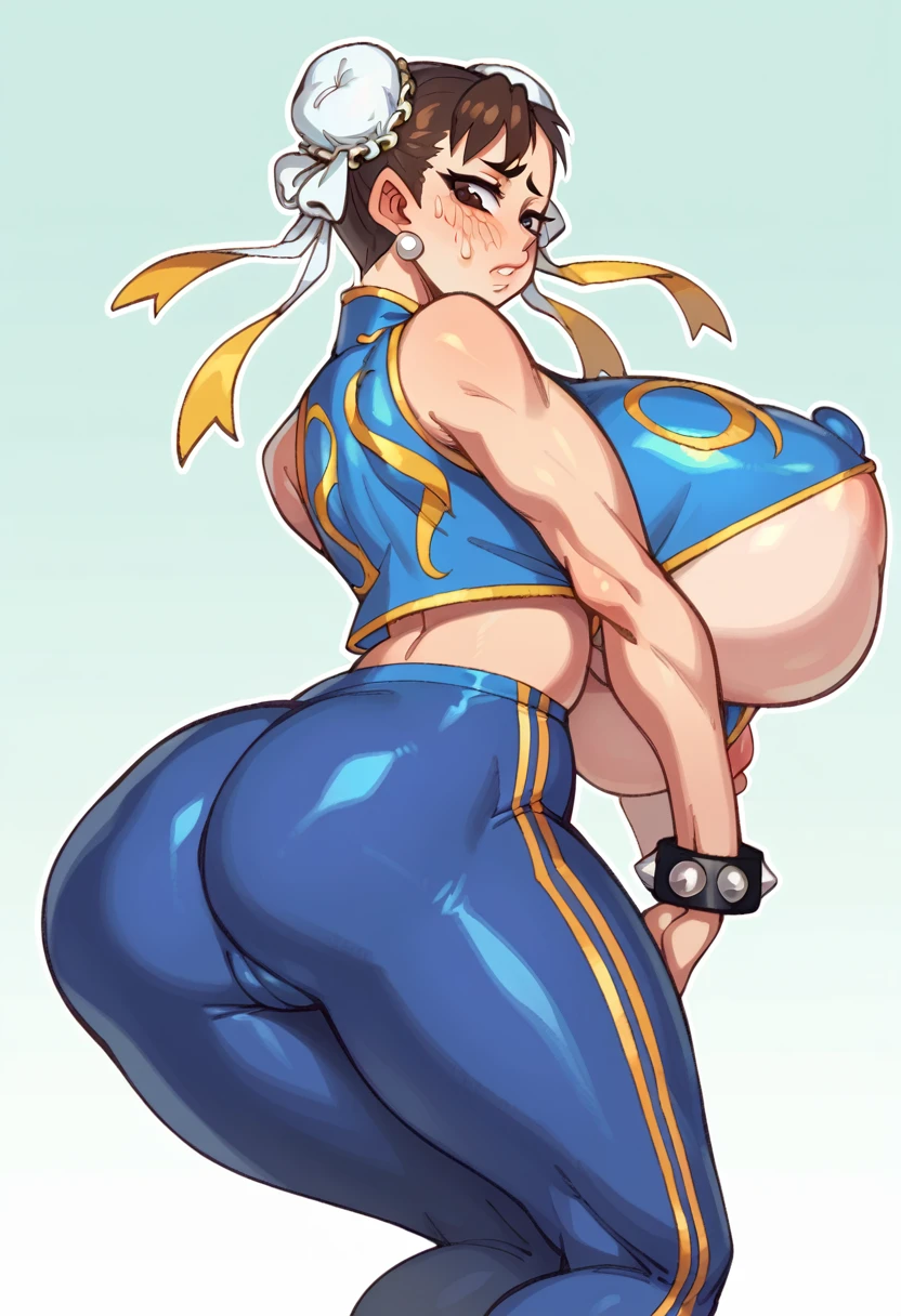 CHUN-LI, brown eyes, double bun, yellow ribbon, blue bodysuit, crop top, sleeveless, wide gigantic ass, from behind, ((gigantic breasts)), underboobs, sideboobs, perky big puffy nipples, ((long erected nipples)), big cameltoe, pouted lips, squinting eyes, embarrassed 