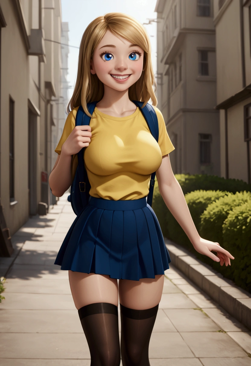 A stunning, intricate full-color portrait in Ultra-HD, detailed face, long hair tied up and making a blonde ponytail, blue eyes, Wearing short yellow school shirt, that I will be able to see his navel, sharp focus, natural lighting, Subsoil Dispersion, F2, 35mm, will be standing, posing sensually, very sexy, with fat legs and wide hips, very small waist, will be found in the city, smiling and with braces, very giant breasts, She will be wearing a small, light blue, wide school skirt and her underwear will be visible., He will have a brown leather backpack hanging on his back and will be waving towards the spectators. 