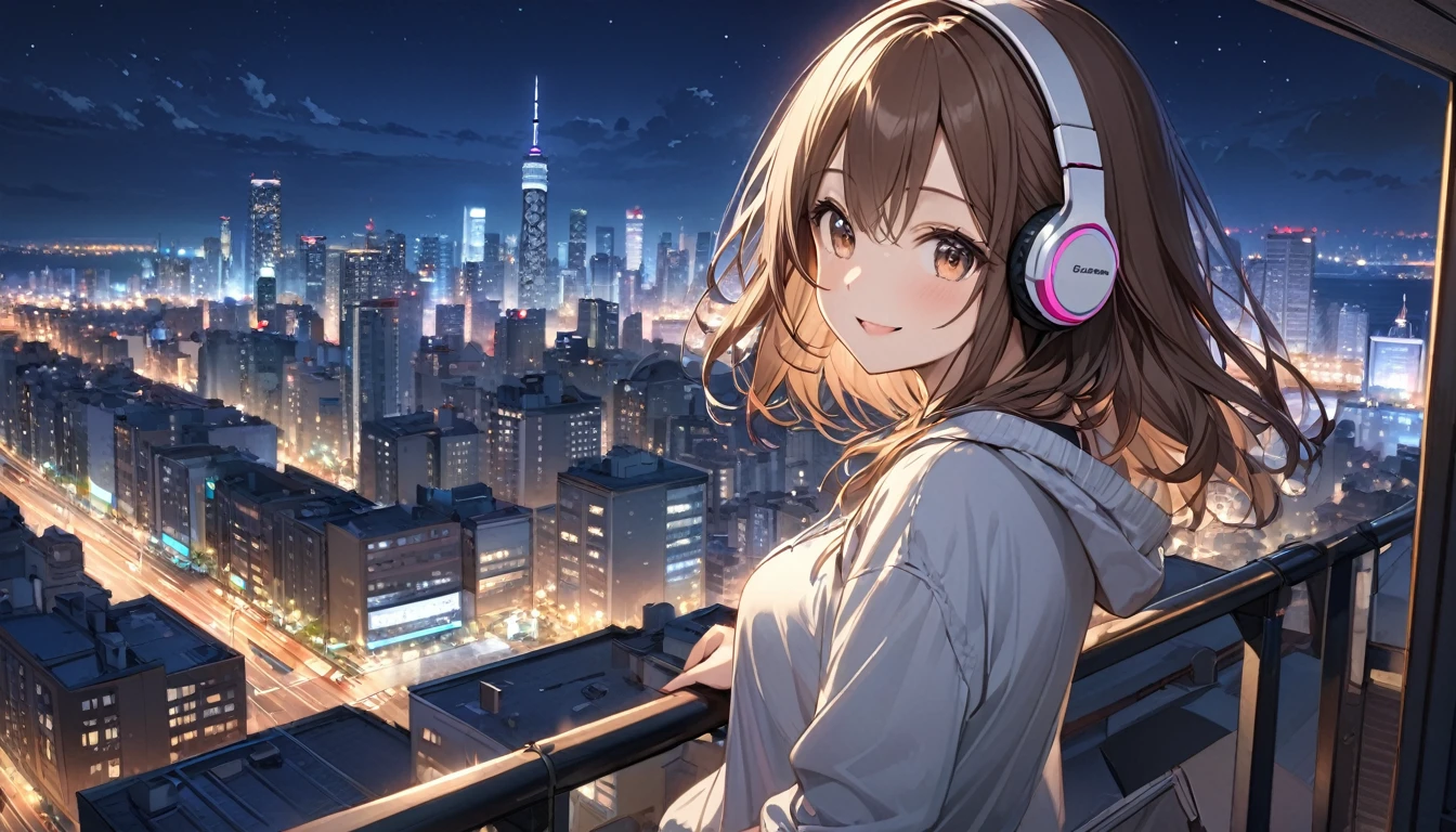 Brown-haired girl wearing headphones、City night view - highly detailed、masterpiece, Highest quality, Bright - City night view in the background、A happy look、Casual clothing、Looking at the night view from the rooftop of a building