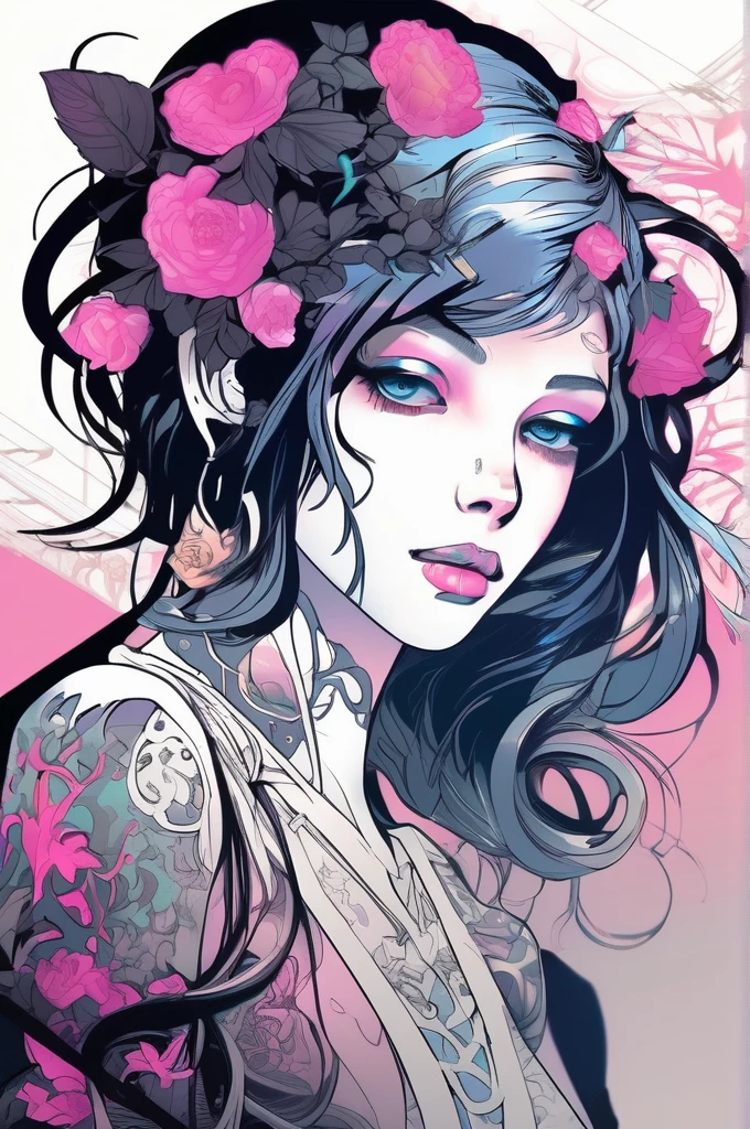 チームラボスタイル - アートワーク、A stunning anime girl with an intricate floral tattoo on her neck, exuding elegance and beauty.,in the style of neon realism, dark pink and light black, gothic art nouveau, anime-inspired character designs, dark white and indigo, bold yet graceful, cyberpunk manga, detailed costumes