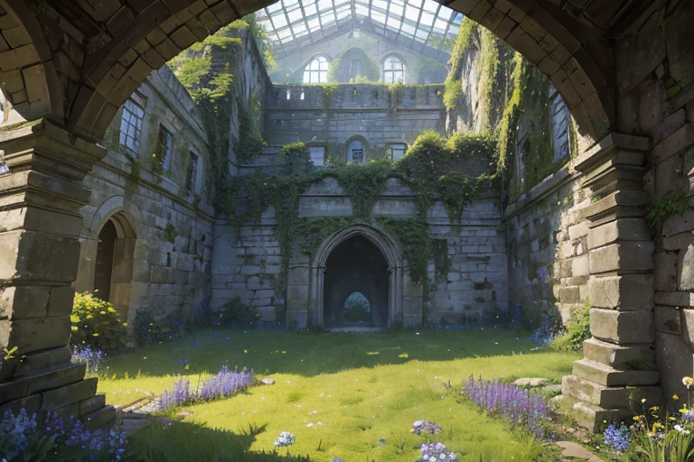 extremely overgrown haven walled off from the world with very tall dilapidated stone walls, spacious rectangular enclosed interior with tall grass, tall blue perenial flowers, sharp focus, detailed