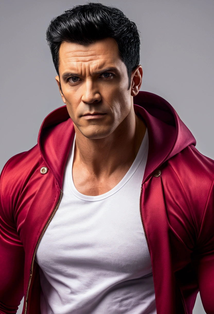 (best quality,4k,8k,highres,masterpiece:1.2),ultra-detailed,realistic,professional,(portraits,concept artists),vivid colors,sharp focus,HDR,studio lighting,(black hair:1.1),(purple eyes:1.1), a man, muscualr,strong body,trained, ((wearing half sleeve Red jacket and white t shirt)),