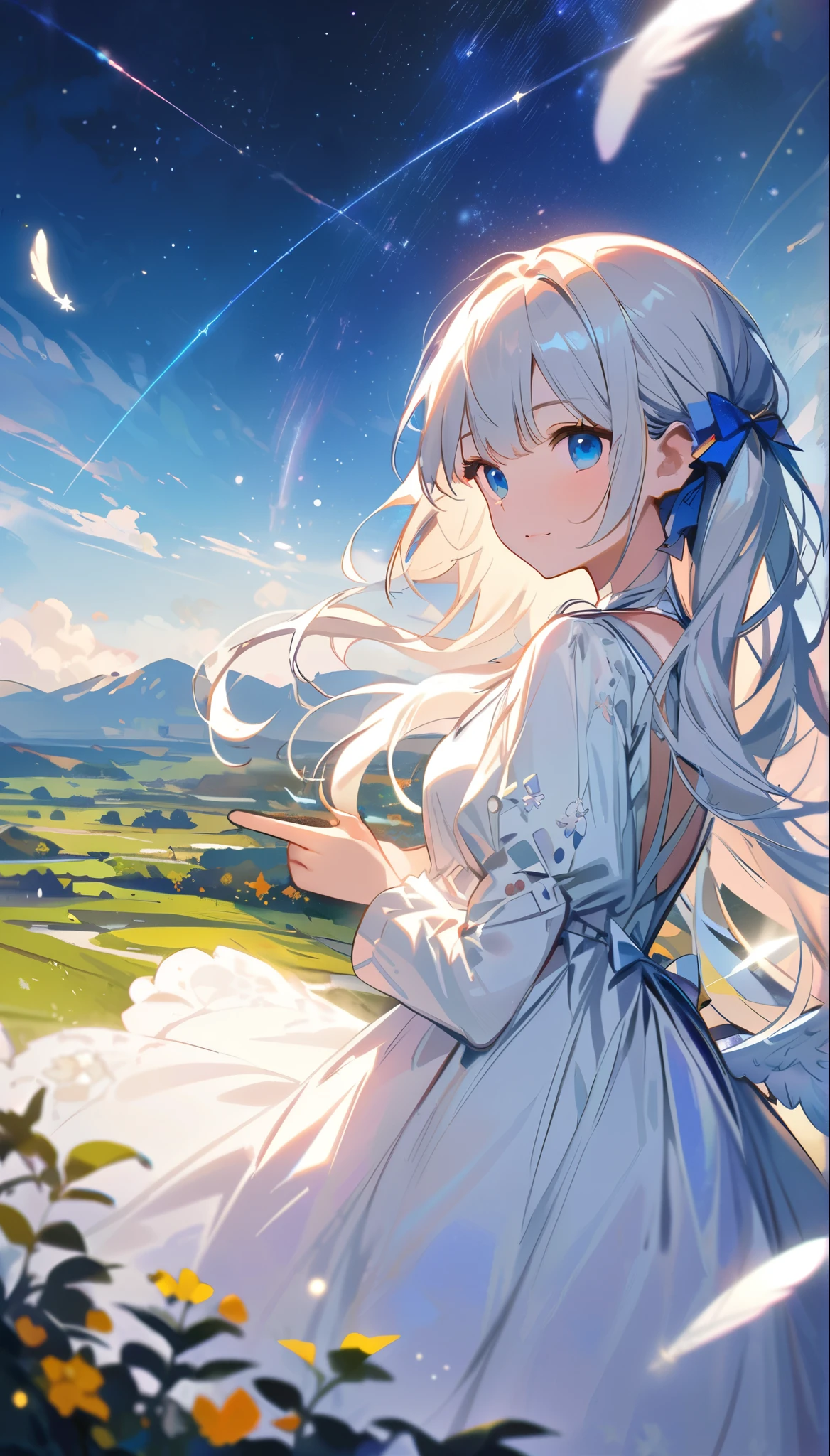 (Highest quality:1.2),(Finger 5:1.3),(Very delicate and beautiful:1.3),(DetailsUltra Details:1.2),(Clear details of the landscape:1.2),(Crystal clear landscape :1.2),(alone),(blue eyes),(long white long hair),(Twin tails),(White Dress),(Angel Wings),(Floating white feathers,Starry Sky),(Star Cluster,Starry Sky),(Shining Star),(alone),(long silver long hair),(Highest quality:1.2),(Finger 5:1.3),(Very delicate and beautiful:1.3),(DetailsUltra Details:1.2),(Clear details of the landscape:1.2),High resolution,