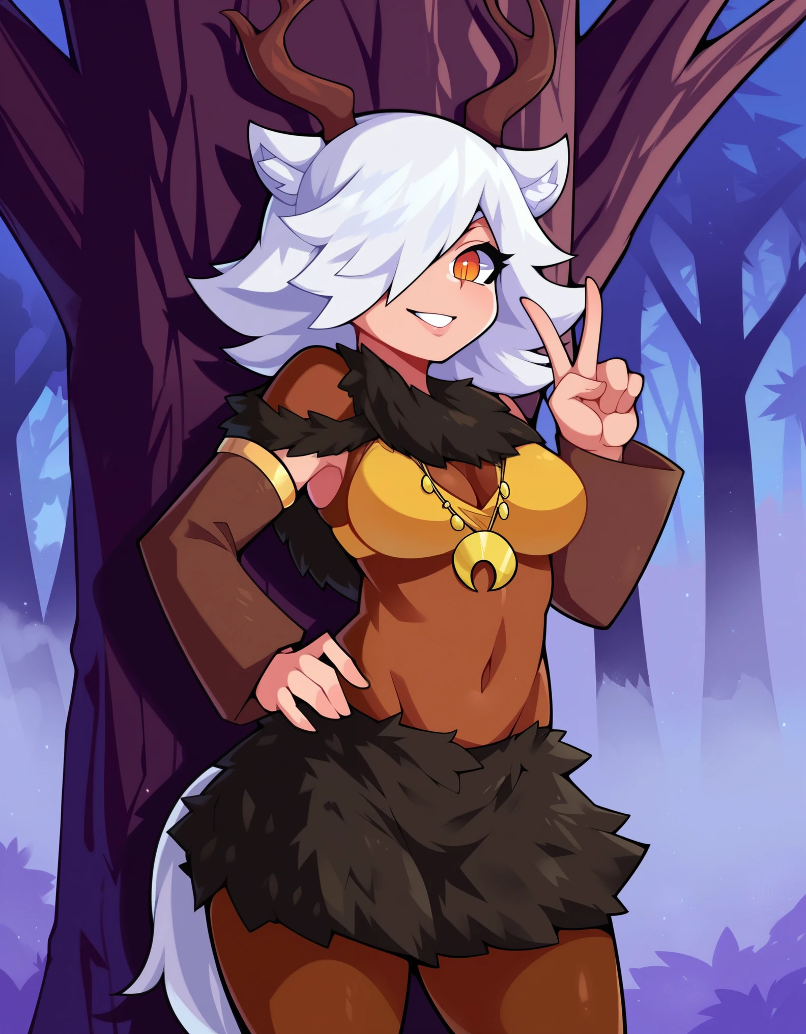 1girl,solo,deer girl,antlers,white hair,animal ears,tail,hair over one eye,orange eyes,slit pupils,crescent moon necklace,fur capelet,brown shirt,yellow bikini top,fur skirt,brown legwear,detached sleeves,
forest,outdoors,bare tree,fog,
looking at viewer,smile,hand up,v,hand on own hip,standing,back against tree,, score_9, score_8_up, score_7_up, perfect anatomy, source_anime, zPDXL2,