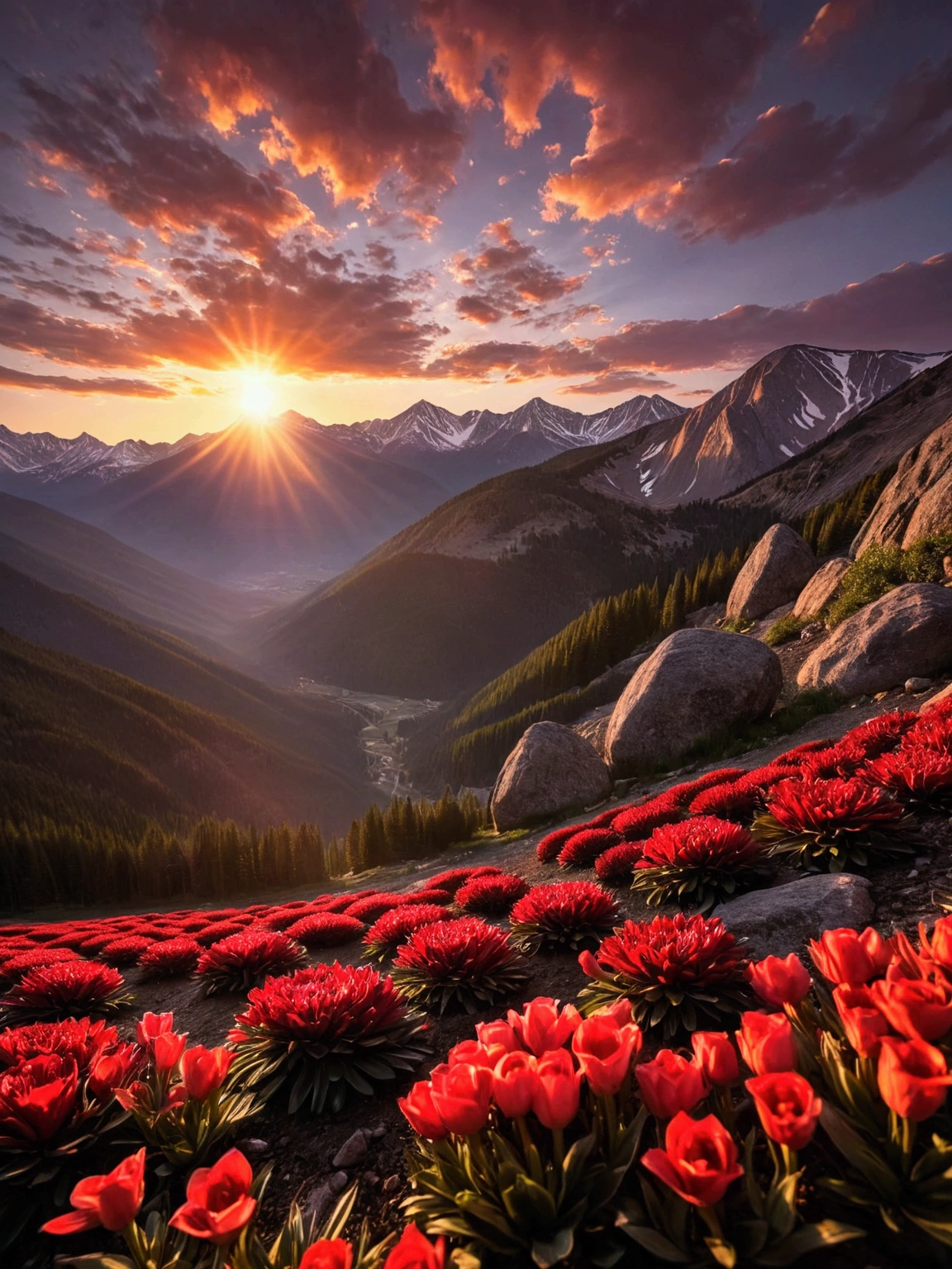 sunrise，Red light，Beautiful view of the mountains，The Future of Floriculture in the Rocky Mountains，Wide-angle professional photography，ultra hd photography，32K